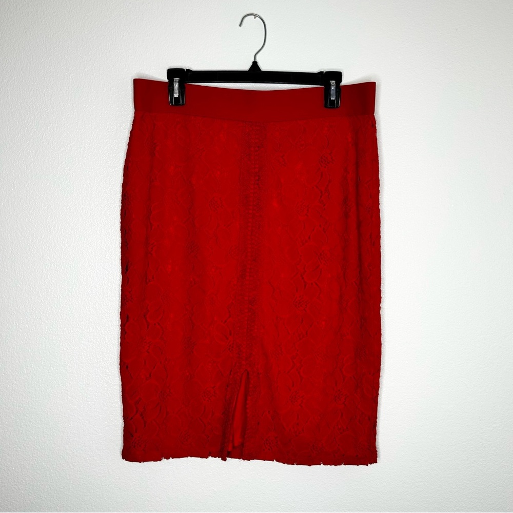 New Thalia Sodi Womens Coral Red Lace Stretch Midi Pencil Skirt Size L NWT